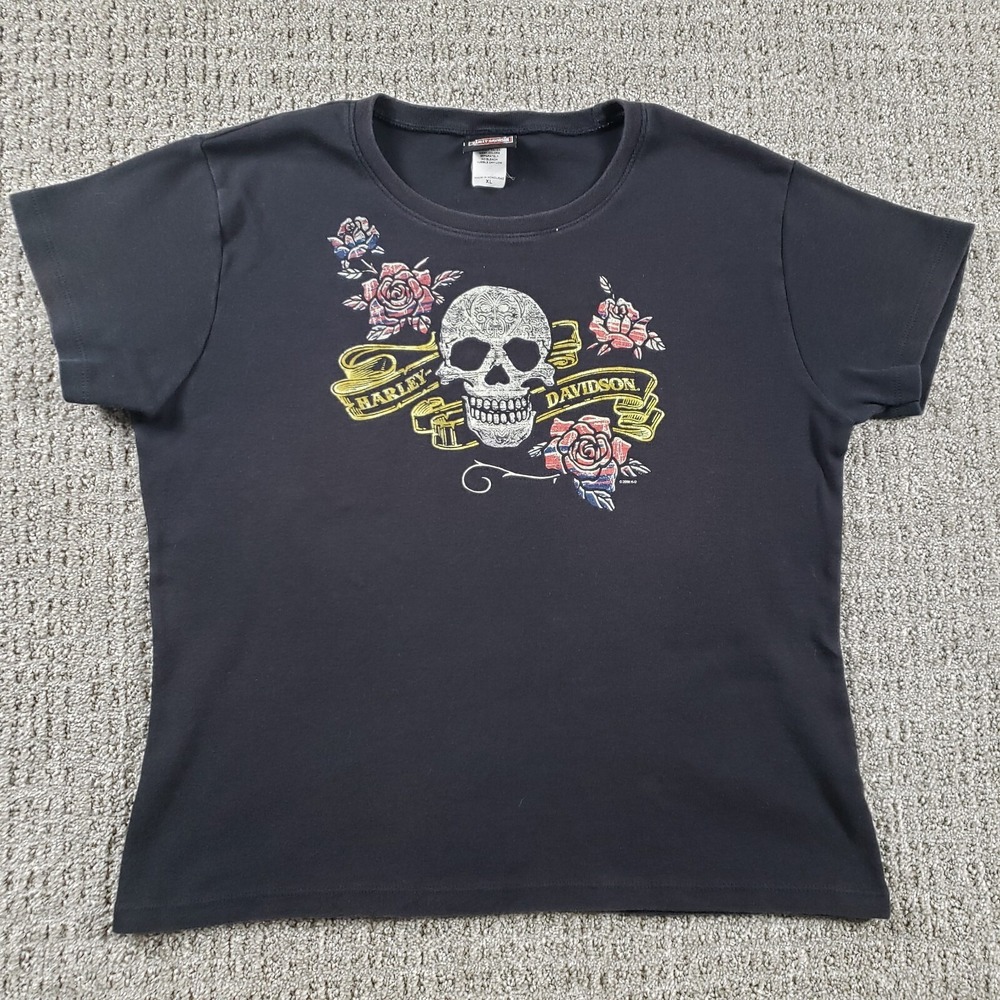 Vintage Y2k Harley Davidson Shirt Womens 2XL Black Baby Tee Motorcycle Skull